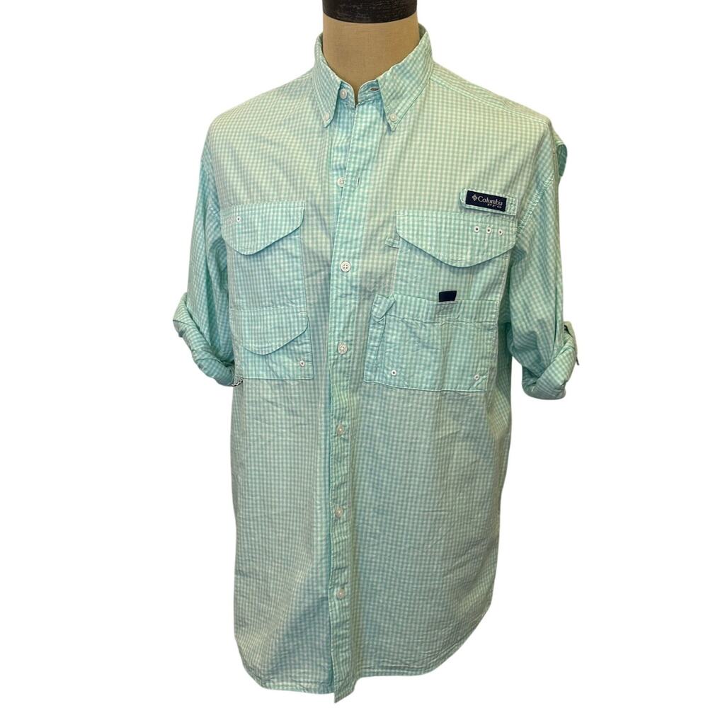 COLUMBIA Super Bonehead Mint checked gingham Long Sleeve PFG  Shirt Top Men M